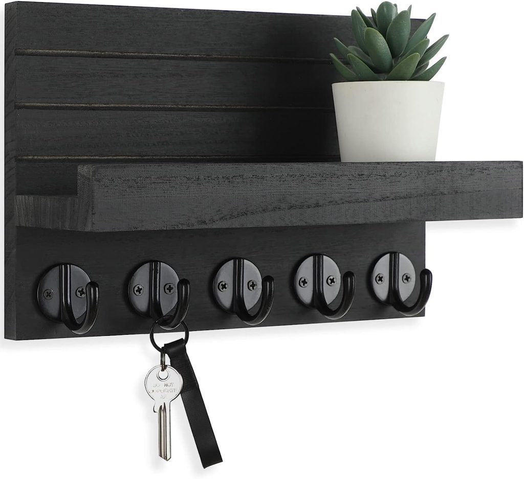 % Key Holder for Wall, Decorative Key and Mail Holder with Shelf Has Large Hooks for Bags, Coats, Umbrella – Paulownia Wood Key Hanger with Mounting Hardware (9.8”W x 6.7”H x 4.2”D)