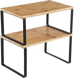 % SONGMICS Cabinet Organizer Shelf, Set of 2 Kitchen Counter Shelves, Kitchen Storage, Spice Rack, Stackable, Expandable, Metal and Engineered Wood, Ink Black and Natural Beige UKCS02NB